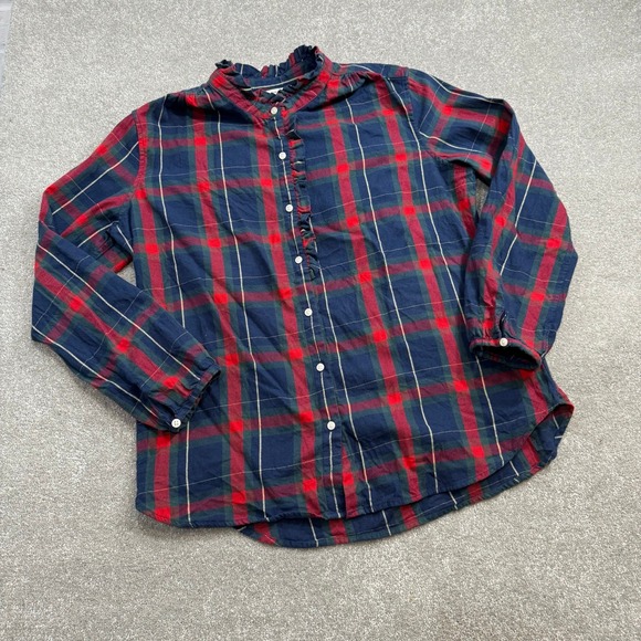 Trovata Birds of Paradis Tartan Plaid Michelle Button Down Shirt Ruffle Lrg Xmas - Picture 8 of 14